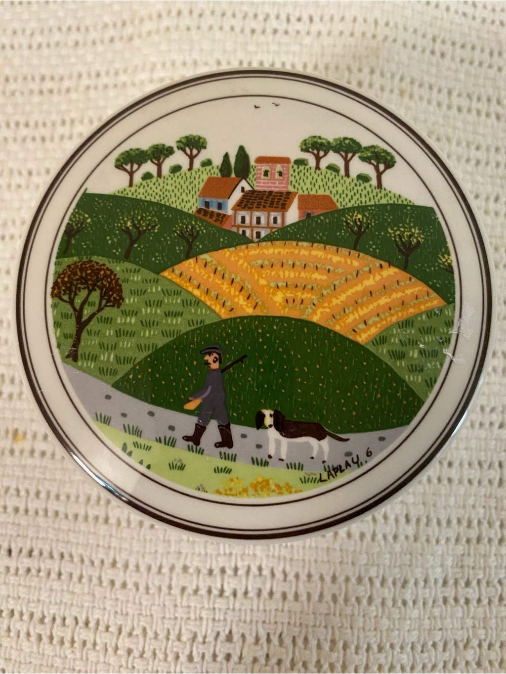 Vintage Hand-Painted Countryside Ceramic Trinket Dish - Green & Yellow